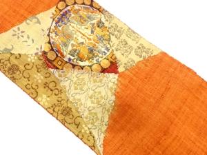 手織り紬　切りばめ風　向かい狩猟に花模様織り出し名古屋帯